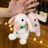 Sevimli Tavşan Peluş Anahtarlık - Çiçek Desenli Yeşil - 12cm - 5