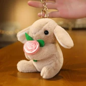 Sevimli Tavşan Peluş Anahtarlık - Çiçek Desenli Açık Kahverengi - 12cm - 1