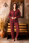 Nisanca Kışlık Düğmeli Ekose Desen Yılbaşı Temalı  Kadın Süet Pijama Takımı - 3