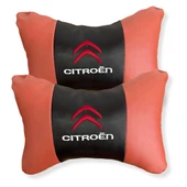 Citroen Nakışlı Ortopedik Lüks Araç Seyahat Deri Oto Boyun Yastığı İkili Kahverengi Oto Yastık thumbnail 1
