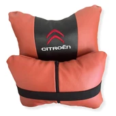 Citroen Nakışlı Ortopedik Lüks Araç Seyahat Deri Oto Boyun Yastığı İkili Kahverengi Oto Yastık thumbnail 2