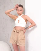 Kuşaklı keten şort bej s255265 - 2