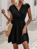 Lucky Life Kısa Kollu Kruvaze Yaka Lucky Life Kadın Beli Gipeli Bürümcük Elbise thumbnail 7