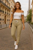 Lucky Life Kısa Kollu Madonna Yaka Viskon Lucky Life Kadın Crop Bluz Cepli Iki Iplik Eşofman Takım - 2