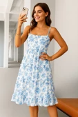 Lucky Life Sıfır Kol Askılı Dekolteli Yırtmaç Detay çiçek Baskılı Süprem Midi Elbise thumbnail 2