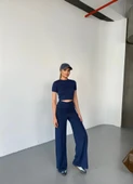 Osy Modal Yumuşak Dokulu Kumaş Kısa Kollu Lucky Life Kadın Crop Rahat Pantalon Ikili Takım - Lacivert - 3