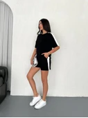 Lucky Life Kadın  Yumuşak Dokulu Kumaş Parçalı Bisiklet Yaka T-shirt Kısa Şort İkili Takım - Siyah - 4