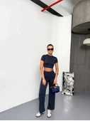 Osy Modal Yumuşak Dokulu Kumaş Kısa Kollu Lucky Life Kadın Crop Alt Ispanyol Paça Pantalon Ikili Takım - Füme - 2