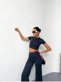 Osy Modal Yumuşak Dokulu Kumaş Kısa Kollu Lucky Life Kadın Crop Alt Ispanyol Paça Pantalon Ikili Takım - Füme - 1