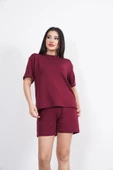 Lucky Life Kadın  Yumuşak Dokulu Kumaş Bisiklet Yaka T-shirt Kısa Şort İkili Takım - Bordo - 3