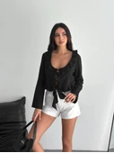 Lucky Life Kadın Keten Uzun Kol Bağacık Detaylı Bluz - Siyah - 2