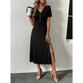 Lucky Life Kadın Kısa Kollu V Yakalı önden Düğmeli Yırtmaçlı Midi Viskon Elbise thumbnail 6