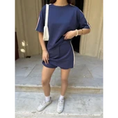 Lucky Life  Yumuşak Dokulu Kumaş Parçalı Bisiklet Yaka T-shirt Mini Şortlu Etek İkili Takım -Lacivert - 3