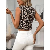 Lucky Life Kadın Askılı V Yakalı önden Düğmeli Leopar Desenli Atlas Ceket thumbnail 7