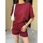 Lucky Life  Yumuşak Dokulu Kumaş Parçalı Bisiklet Yaka T-shirt Mini Şortlu Etek İkili Takım -Bordo - 1