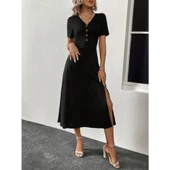 Lucky Life Kadın Kısa Kollu V Yakalı önden Düğmeli Yırtmaçlı Midi Viskon Elbise thumbnail 4