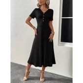 Lucky Life Kadın Kısa Kollu V Yakalı önden Düğmeli Yırtmaçlı Midi Viskon Elbise thumbnail 5