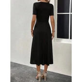 Lucky Life Kadın Kısa Kollu V Yakalı önden Düğmeli Yırtmaçlı Midi Viskon Elbise thumbnail 3