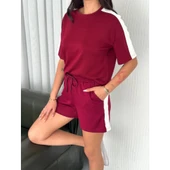Lucky Life Kadın  Yumuşak Dokulu Kumaş Parçalı Bisiklet Yaka T-shirt Kısa Şort İkili Takım -  Bordo - 2