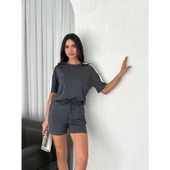 Lucky Life Kadın Yumuşak Dokulu Kumaş Parçalı Bisiklet Yaka T-shirt Kısa Şort İkili Takım - Antrasit - 3