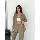 Lucky Life Kadın Yakalı Düğmeli Uzun Kollu Gömlek Pantolon Ikili Takım - Bej - 2