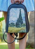 Kadın Vegan Deri Siyah Sırt Çantası - Vincent van Gogh A Wheat Field with Cypresses Tasarım - 2