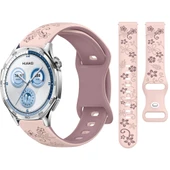 Huawei Watch GT2 GT3 GT4 GT5 46mm İle Uyumlu FloraFlex Çiçek Desenli Silikon Kordon  Pembe - 1
