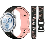 Huawei Watch GT2 GT3 GT4 GT5 46mm İle Uyumlu FloraFlex Çiçek Desenli Silikon Kordon  Pudra - 1