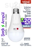 Suled Şarjlı Ampül 20W Beyaz Işık Tavan Kamp Işığı Acil Durum El Feneri Type-C 220V Şarjlı Beyaz E27 Duy - 1