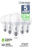 Suled 12W Led Ampül 5'Li Paket E27 Beyaz Işık Güçlü Aydınlatma Smd Led 6500K Tasarruflu Lamba - 1
