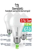 Suled Hareket Sensörlü Led Lamba 3 Adet Ampül Beyaz Işık 12W %80 Tasarruflu Otomatik Yanıp Söner - 1