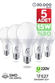 Suled Tasarruflu Led Ampül 5'Li Set 15W Güçlü Aydınlatma Smd Led Beyaz Işık 6500K E27 Standart Lamba - 1