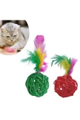 2li Rattan Renkli Peluş Tüy Kedi Köpek Oyuncak Yakalama Çiğneme Çıngıraklı Top Oyuncağı - 2