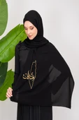 Black polyester shawl with Palestine map embroidery and the word Palestine in Gold S100026 - 4