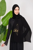 Black polyester shawl with Palestine map embroidery and the word Palestine in Gold S100026 - 3