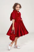 Kız Çocuk Göğsü İnci Taş İşlemeli Tek Omuz Şeffaf Askılı Eteği Kabarık Kırmızı Abiye thumbnail 3