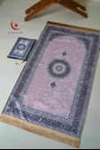 Pratik ve Taşınabilir İpek Dokulu Çantalı Seccade  Mini Çiçek Desenli Lila - 1
