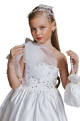 Kız Çocuk Göğsü İnci Taş İşlemeli Tek Omuz Şeffaf Askılı Eteği Kabarık Beyaz Abiye thumbnail 9