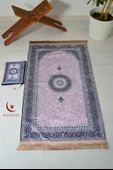 Pratik ve Taşınabilir İpek Dokulu Çantalı Seccade  Mini Çiçek Desenli Lila - 4