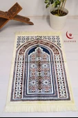 Lüks Kadife Seccade - 70x110 cm - Kalın Yumuşak Doku-Mihrap Desen Lacivert - 1