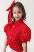 Kız Çocuk Balon Kol Üzeri Boydan Taş İşleme Asimetrik Kesim Kırmızı Gömlek Çiçek Motif Etekli Takım thumbnail 16