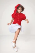 Kız Çocuk Balon Kol Üzeri Boydan Taş İşleme Asimetrik Kesim Kırmızı Gömlek Çiçek Motif Etekli Takım thumbnail 6