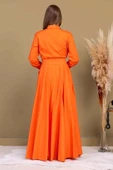 Bağlama Detaylı Boncuk İşlemeli Poplin Elbise 2723-Oranj - 6