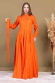Bağlama Detaylı Boncuk İşlemeli Poplin Elbise 2723-Oranj - 3