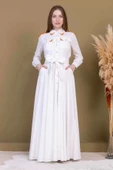 Bağlama Detaylı Boncuk İşlemeli Poplin Elbise 2723-Beyaz thumbnail 2