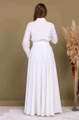 Bağlama Detaylı Boncuk İşlemeli Poplin Elbise 2723-Beyaz thumbnail 8