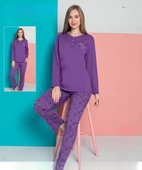 Senfoni Kadın Modal Penye Likralı Düğme Yaka Uzun Kol Pijama Takımı 10382 -1 Adet  2XL Mor - 1