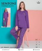 Senfoni Kadın Modal Penye Likralı Düğme Yaka Uzun Kol Pijama Takımı 10382 -1 Adet  2XL Mor - 5