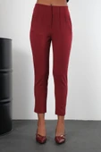 Bordo Yüksek Bel Dar Paça Dokuma Pantolon thumbnail 4