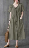 Keten Günlük Rahat V Yaka Beli Büzgü Detaylı Düğmeli Elbise thumbnail 1